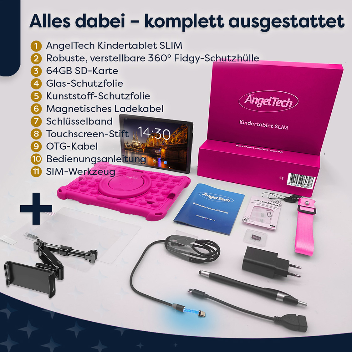 Ein pinkfarbenes Tablet mit Zubehör: Hülle, Ladegerät, Stift und Displayschutz. Enthält eine Schachtel mit der Aufschrift 'Kindertablet SLIM'.
