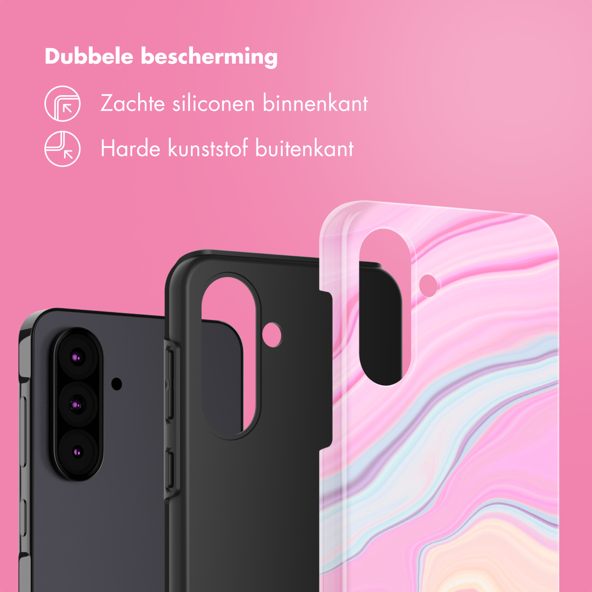 Tre custodie per telefono: nera, nera e un design a marmo rosa. Sfondo rosa con testo: Doppia protezione.