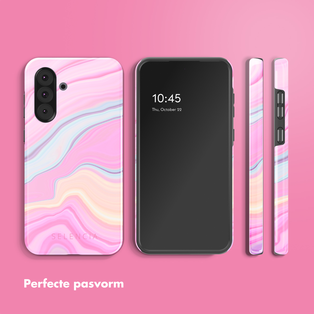Custodia rosa per telefono con design marmorizzato, telefono con schermo nero e sfondo rosa.