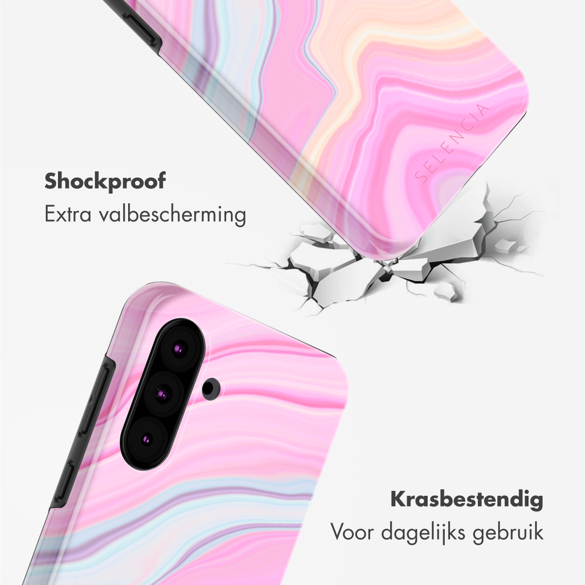 Due custodie per telefono rosa fantasia, una che spacca una superficie. La custodia superiore è etichettata 'Selencia'. Testo: Antishock, Resistente ai graffi.