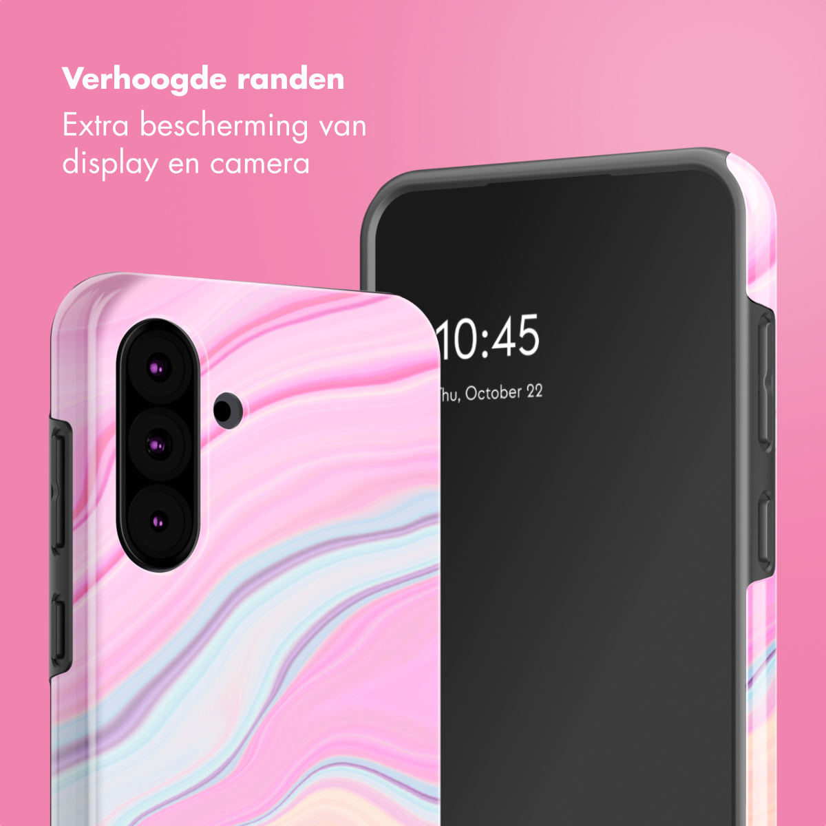 Due telefoni con custodie. Uno mostra un design a marmo rosa, l'altro uno schermo nero con l'ora. Sfondo rosa.