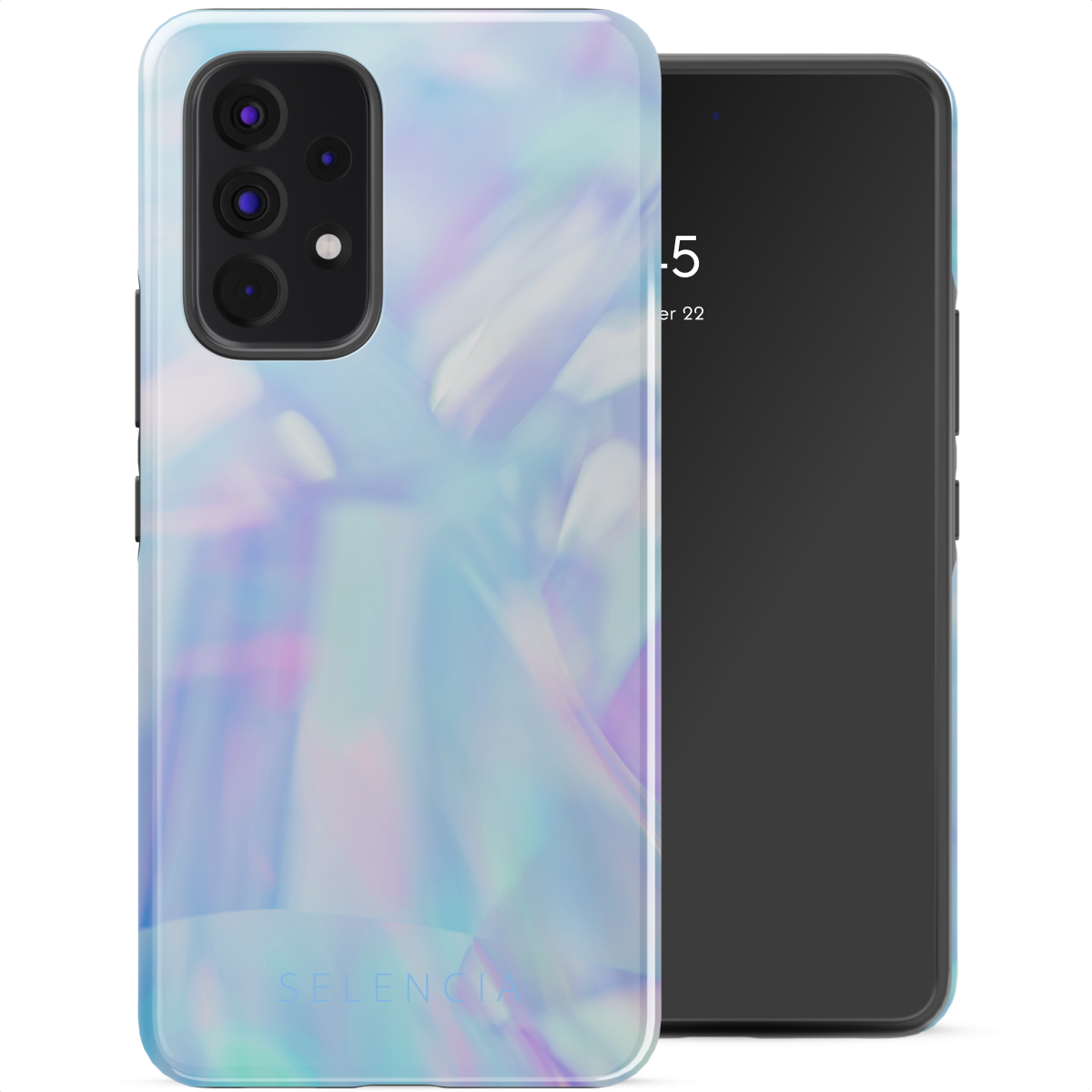 Uno smartphone con una cover olografica. Lo schermo del telefono è nero, mostra l'ora e la data. La cover ha un design blu e viola.
