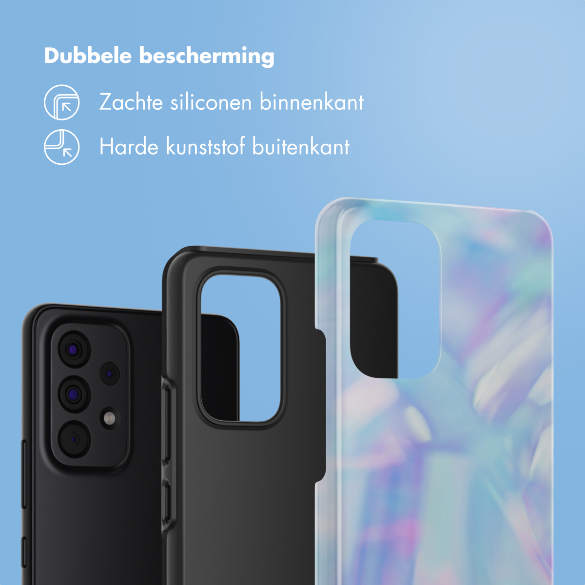 Tre custodie per telefoni: nera, grigio scuro e trasparente. Testo: Doppia protezione, silicone morbido all'interno, plastica dura all'esterno.