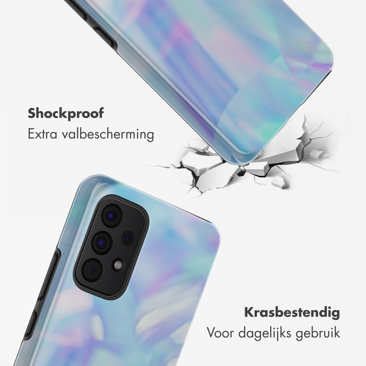 Due custodie per telefono con finitura iridescente. Una custodia rompe una superficie. Testo: Antishock, Resistente ai graffi.