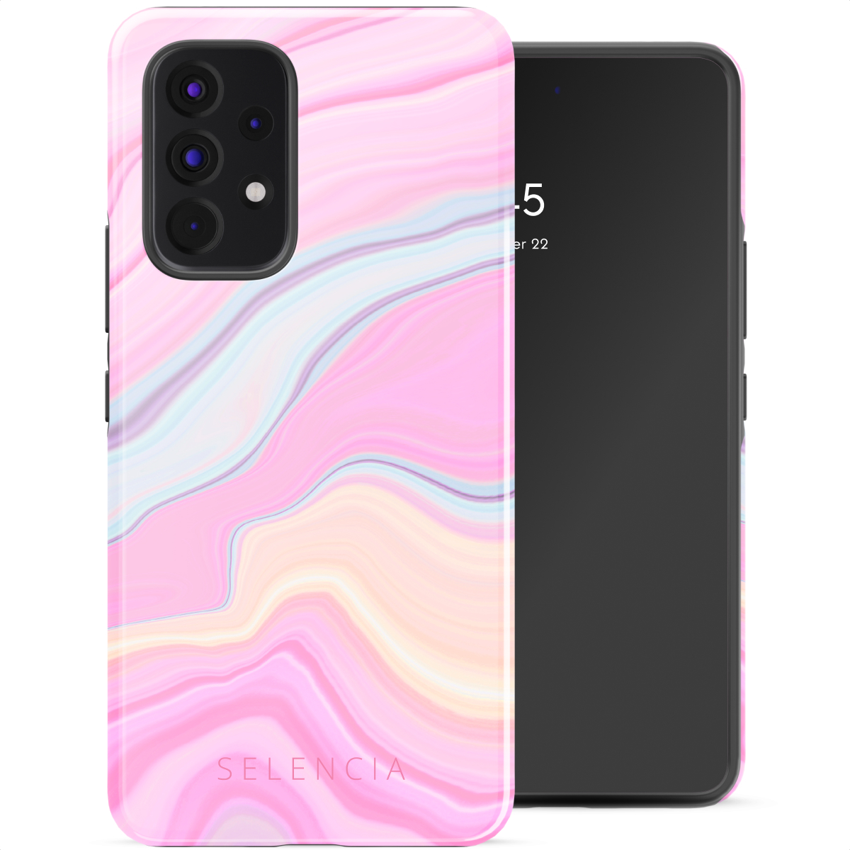 Une coque de téléphone en marbre rose avec un téléphone noir à côté. Le téléphone affiche la date et l'heure. 'Selencia' est écrit sur la coque.