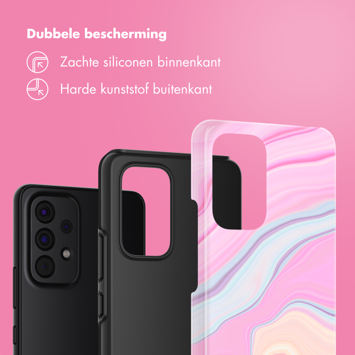Trois coques de téléphone avec des designs différents. La coque de gauche est noire, celle du milieu est noire et celle de droite a du marbre rose.