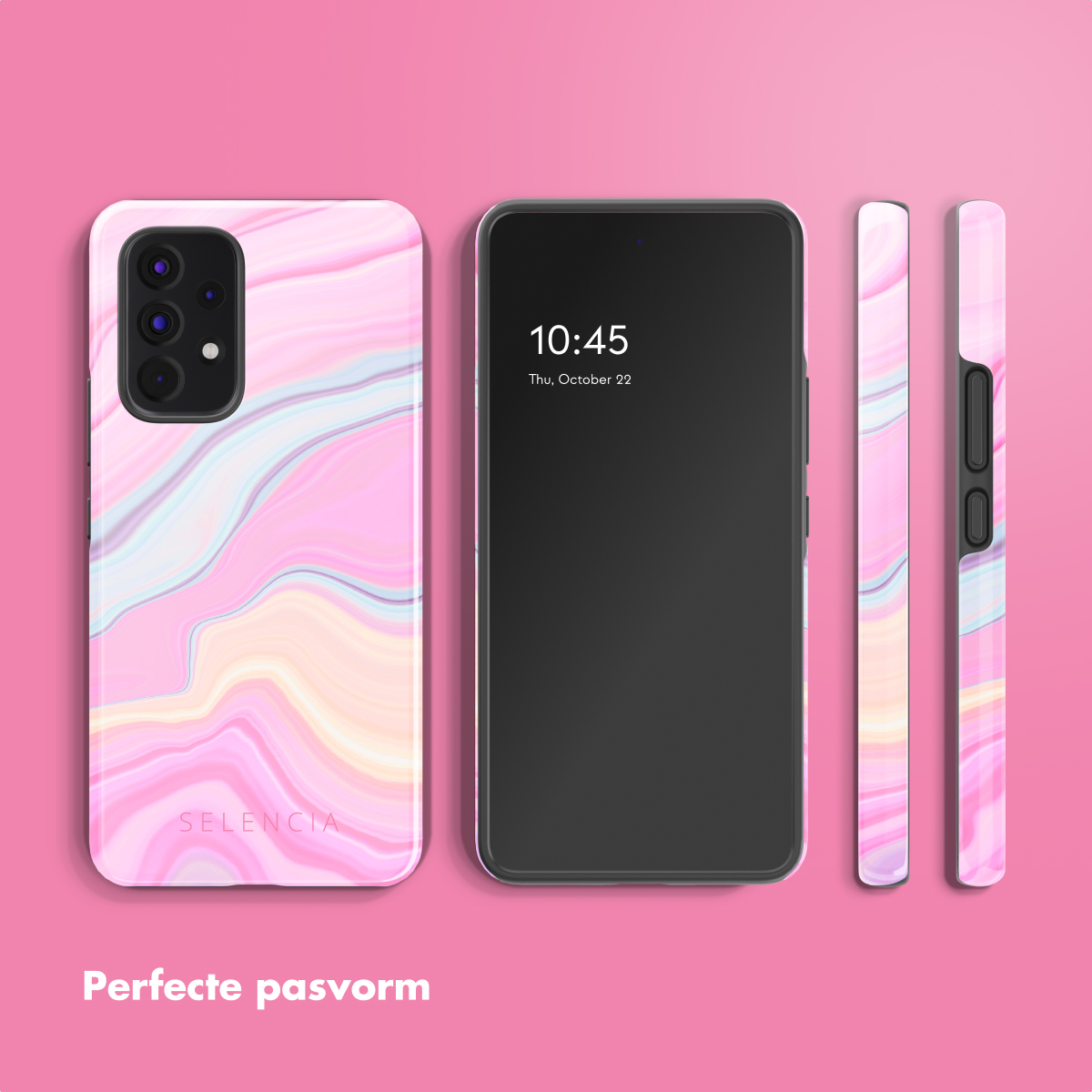 Coque de téléphone rose avec motif marbré et téléphone. Un téléphone avec un écran noir affichant l'heure. Le fond est rose.