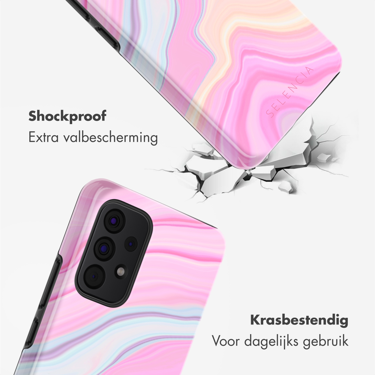 Deux coques de téléphone avec un motif marbré rose. Une coque tombe, brisant la surface en dessous. Le texte dit 'Antichoc' et 'Résistant aux rayures'.