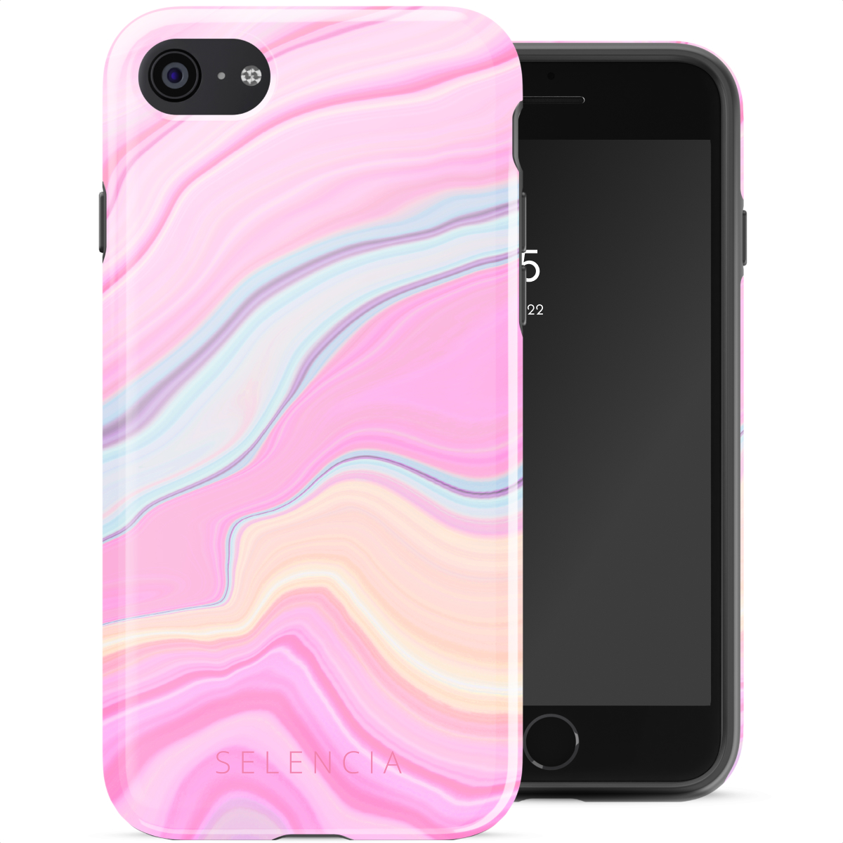 Un iPhone avec un étui rose à motifs tourbillonnants, à côté du téléphone lui-même. L'écran du téléphone affiche l'heure. L'étui porte la marque SELENCIA.