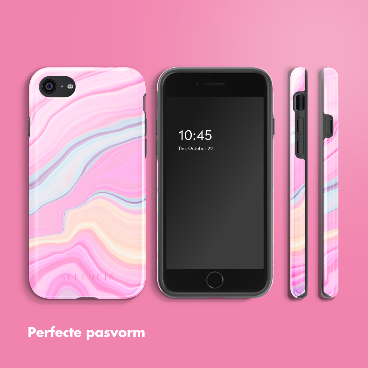 Un téléphone avec une coque en marbre rose et deux coques supplémentaires. L'écran affiche l'heure. Fond rose.