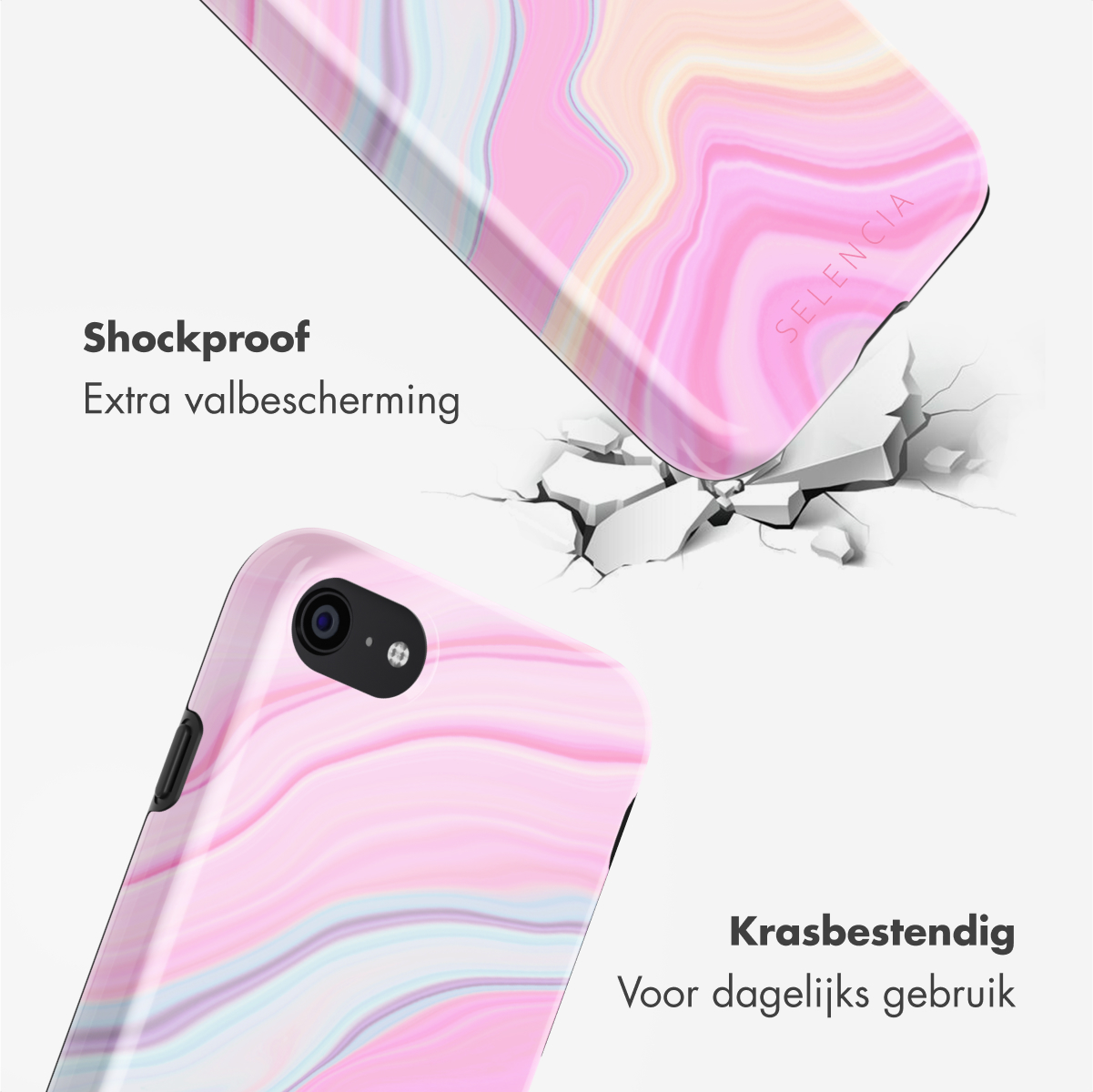 Deux coques de téléphone en marbre rose, une tombant sur un sol fissuré. Texte : Antichoc, protection antichute supplémentaire. Résistant aux rayures, pour un usage quotidien.