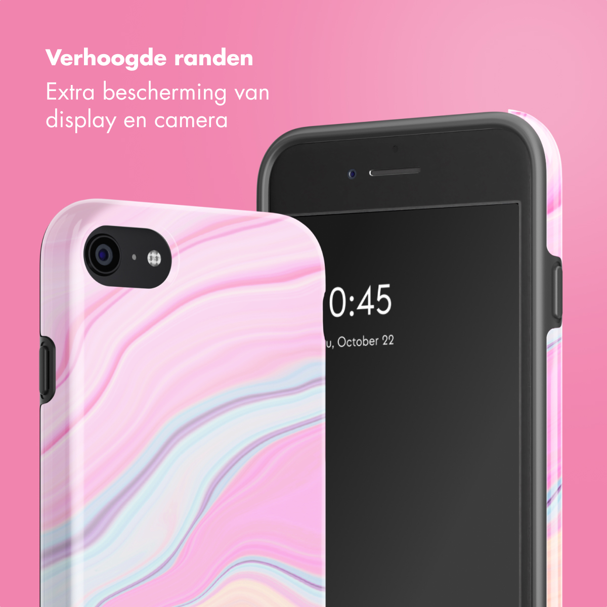 Deux smartphones avec étuis. Un téléphone a un étui en marbre rose et l'autre un étui noir. Le fond est rose, avec du texte.