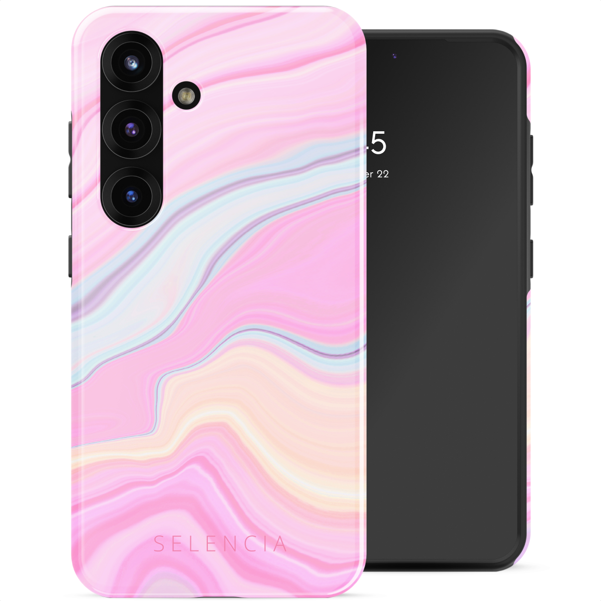 Deux smartphones. Un avec un étui en marbre rose, l'autre noir. L'étui rose a des caméras. Affiche la date. L'étui a SELENCIA.