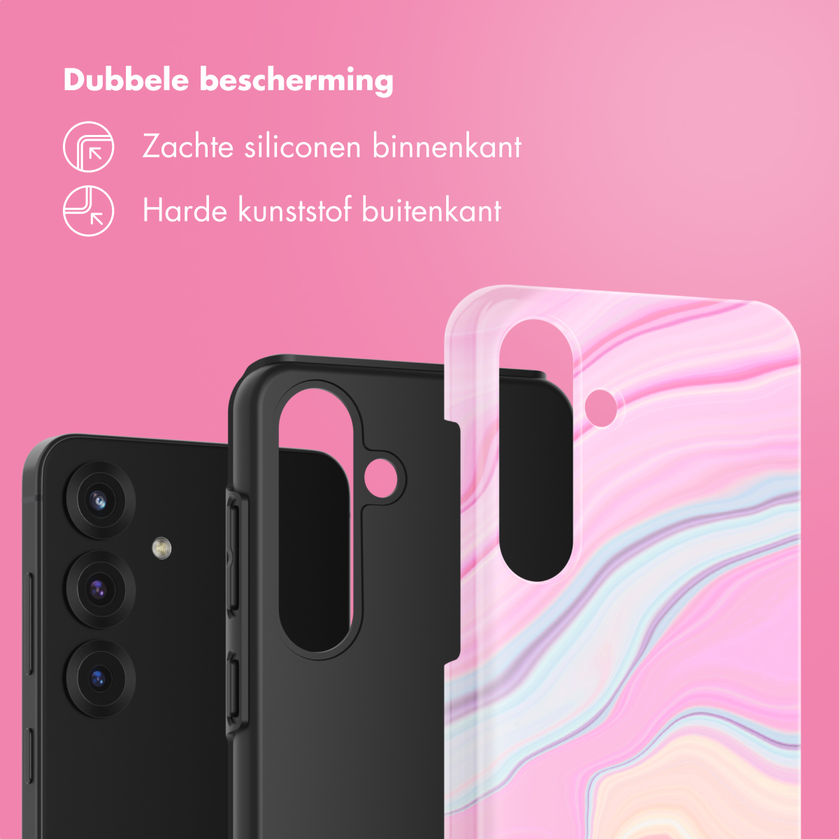 L'image montre trois étuis de téléphone en design marbre noir et rose. Le texte indique 'Double protection' avec des descriptions.