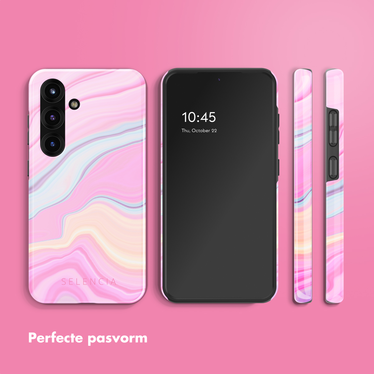 Une coque de smartphone rose avec un motif marbré, un smartphone noir avec une horloge et deux vues latérales sur fond rose.