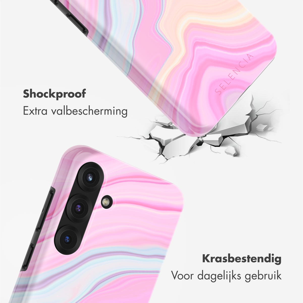 Deux coques de téléphone avec un motif marbre rose. L'une est au-dessus de l'autre, brisant une surface. Textes : Antichoc, Résistant aux rayures.