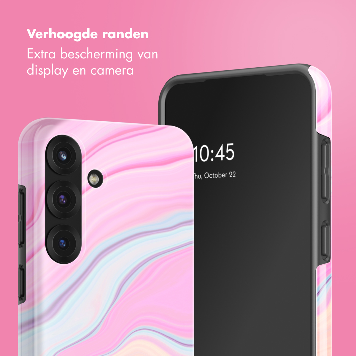 Deux smartphones, un avec une coque en marbre rose, l'autre avec un écran noir. Texte : 'Protection supplémentaire pour l'écran et l'appareil photo'.