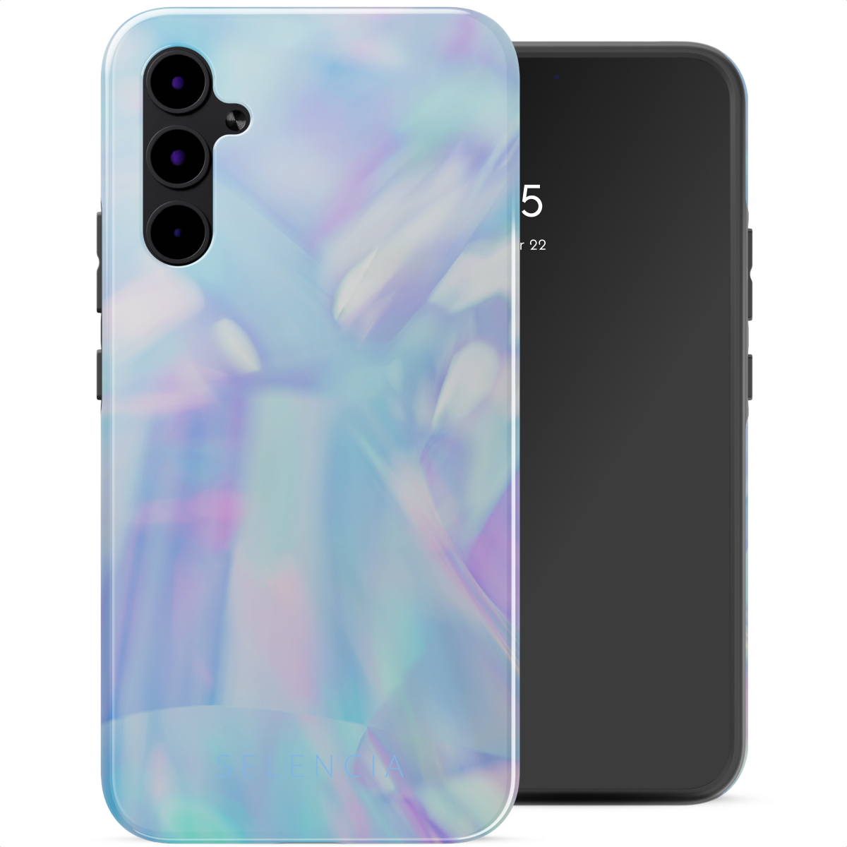 Een smartphone met een holografische telefoonhoes. De hoes heeft een iriserend patroon in blauw, paars en wit. Een zwart scherm is zichtbaar.