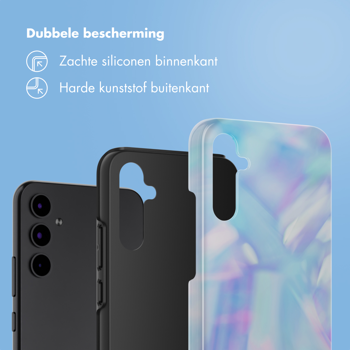 Drie telefoonhoesjes: zwart, zwart en transparant met een kleurrijk ontwerp. Tekst bovenaan: 'Dubbele bescherming'.