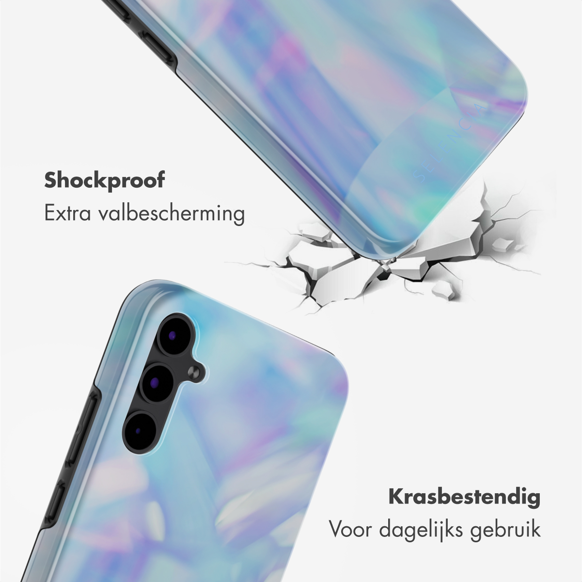 Telefoonhoesje met iriserend ontwerp, gebarsten oppervlak. Tekst: Schokbestendig, Krasbestendig. Camera zichtbaar.