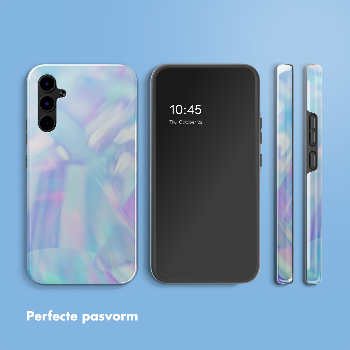 Een smartphone met een holografische hoes en scherm met 10:45. Extra hoesweergaven worden getoond. Tekst 'Perfect fit' onderaan.