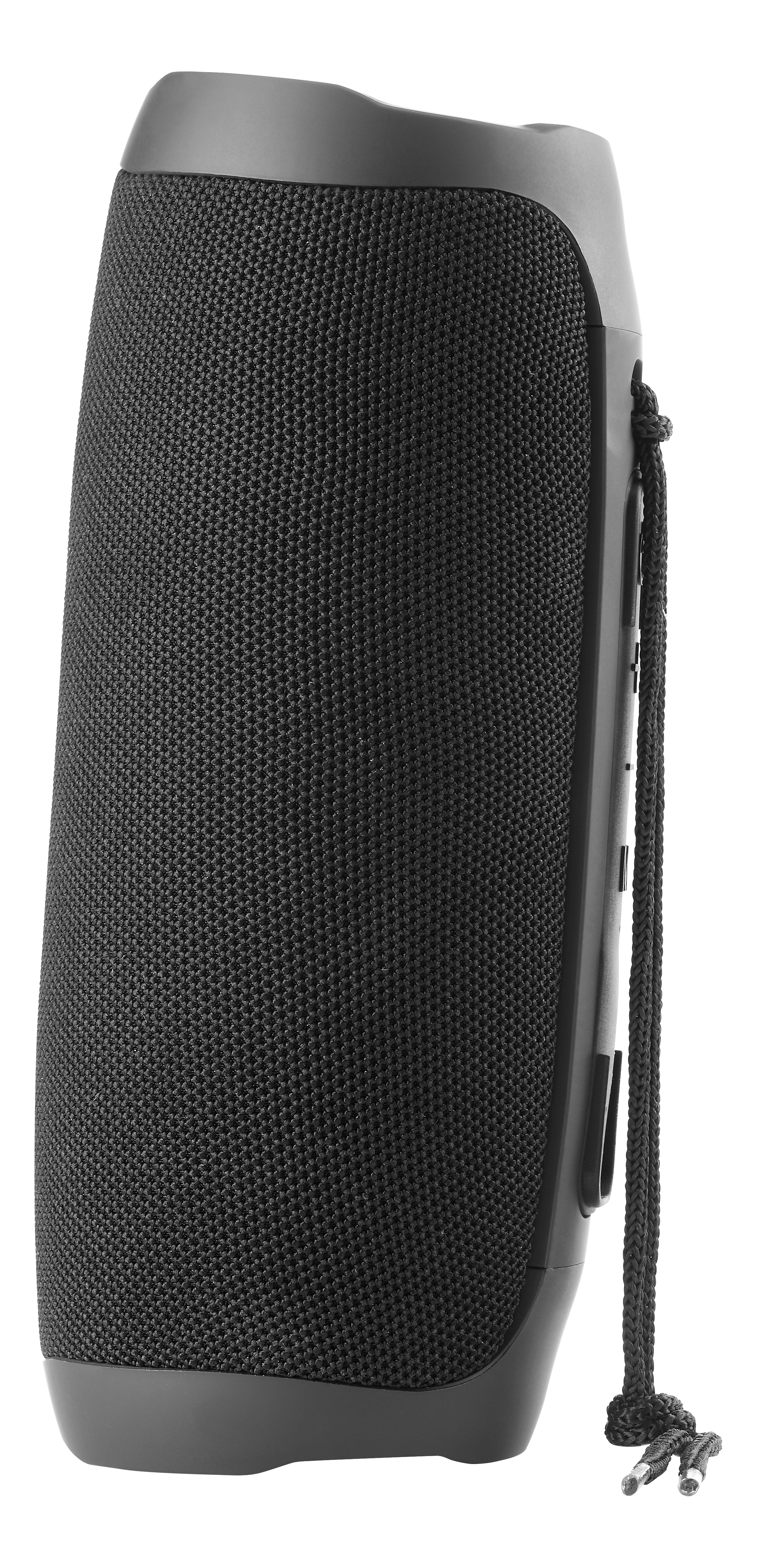 Un altoparlante portatile nero con una copertura in tessuto intrecciato. Ha una parte superiore e inferiore grigie e un cinturino in corda nera.