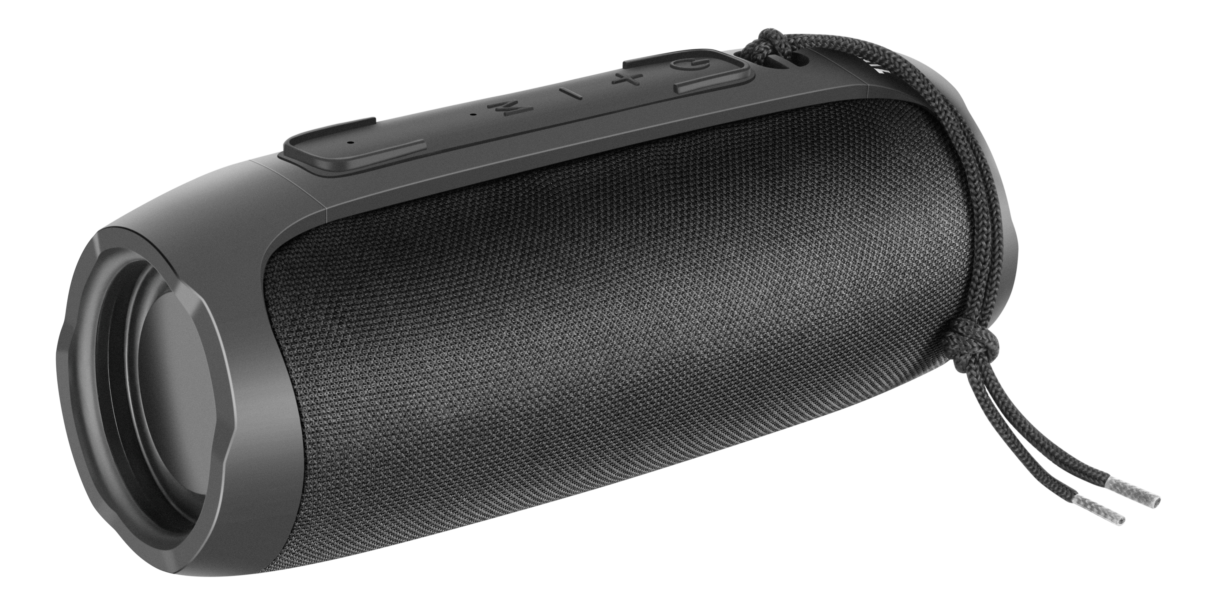 Altoparlante portatile nero. Ha un corpo rivestito in rete e pulsanti di controllo sulla parte superiore. Cavo nero per il trasporto.