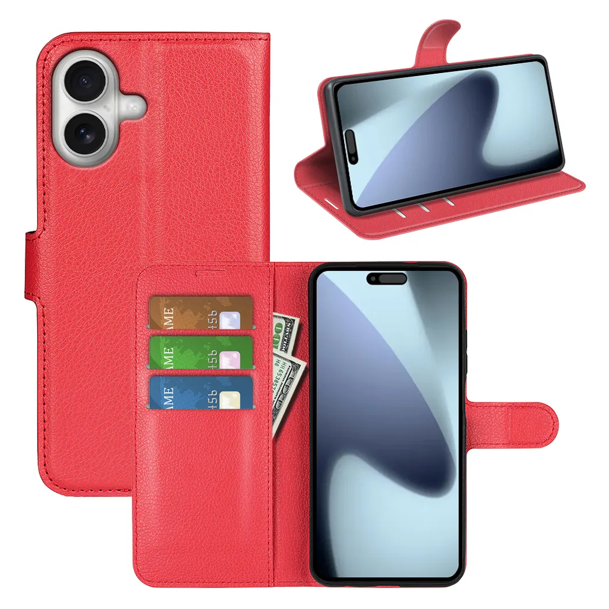 Rode leren telefoonhoes met drie telefoons, creditcards en contant geld. De hoes is open en dicht, en een telefoon staat omhoog.