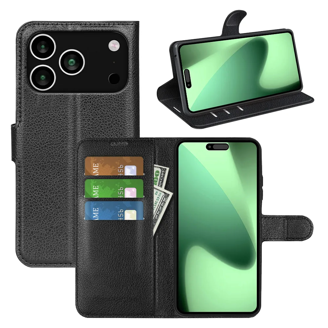 Zwarte leren telefoonhoes met een telefoon erin. Er zijn creditcardvakken en contant geld. De telefoon heeft een groen scherm.