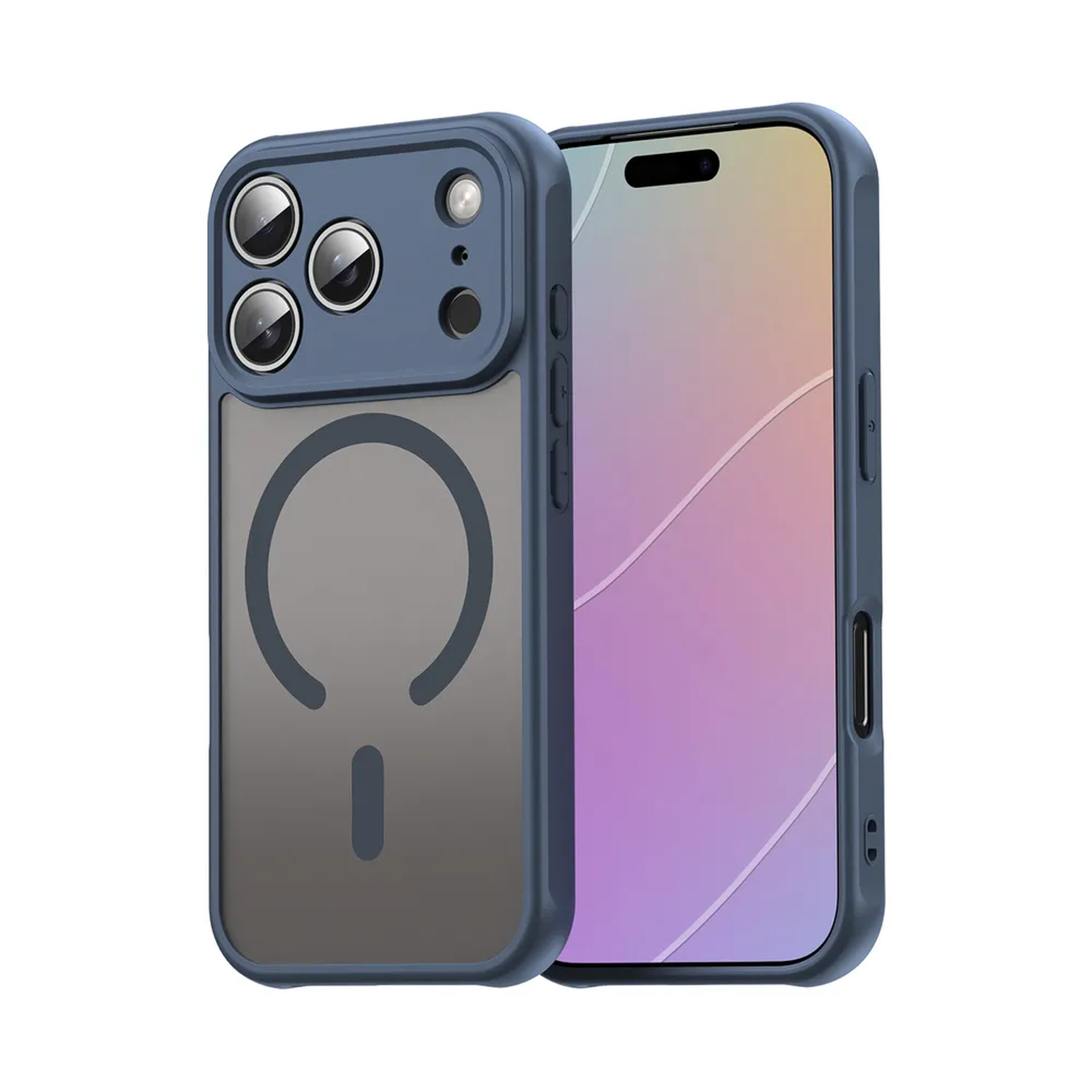 Twee smartphones. Eén in een blauwe hoes met een magnetische cirkel en de andere met een kleurrijk scherm.