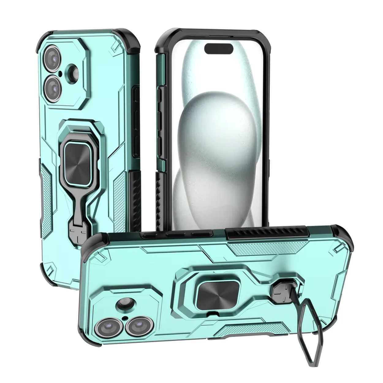 Trois coques de téléphone bleu-vert avec des accents noirs et des supports d'anneau sont présentées. Une coque est droite, une plate et une inclinée.