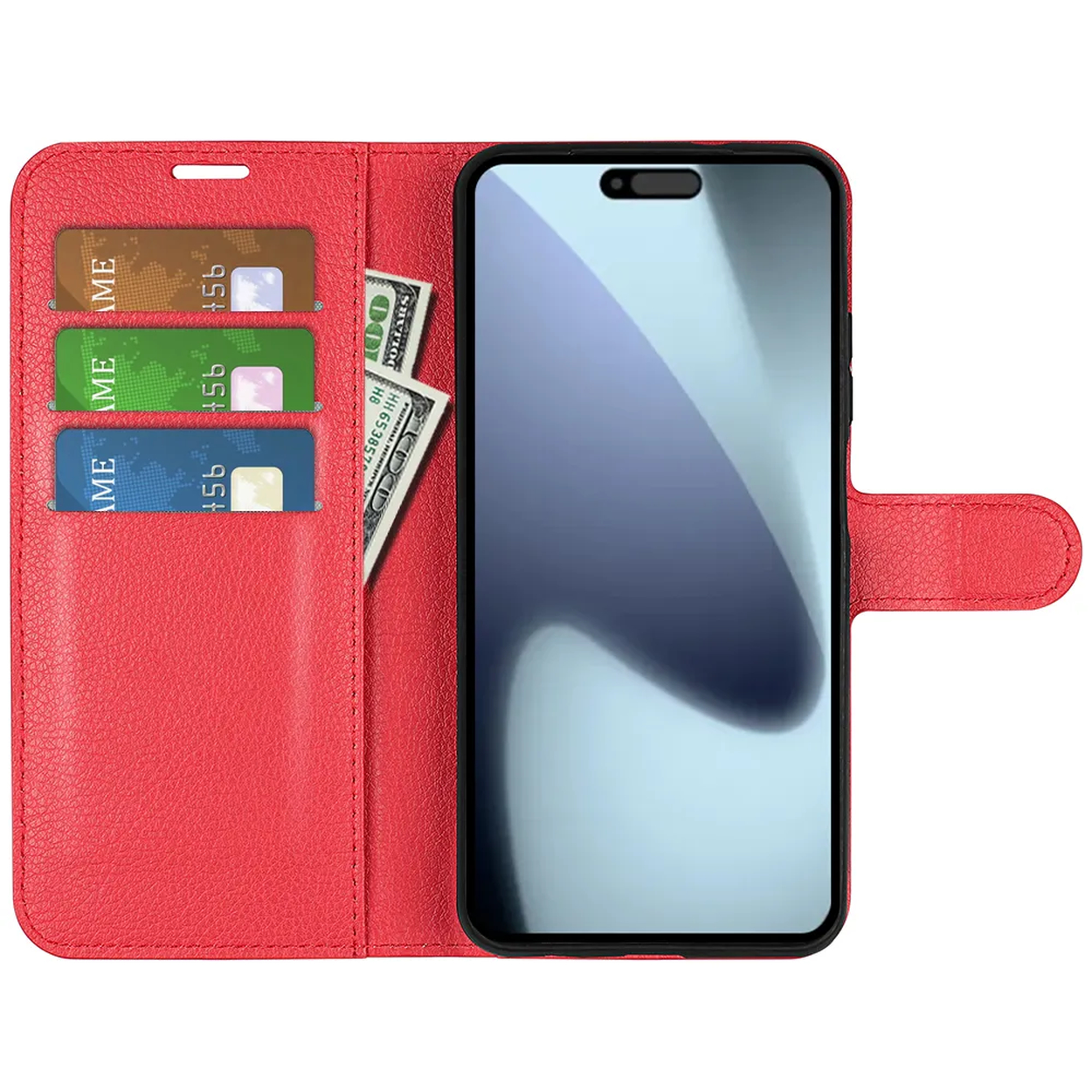 Een rode telefoonhoes met een smartphone, drie kaarten en een dollarbiljet. Het telefoonscherm is zichtbaar. De hoes is gesloten.