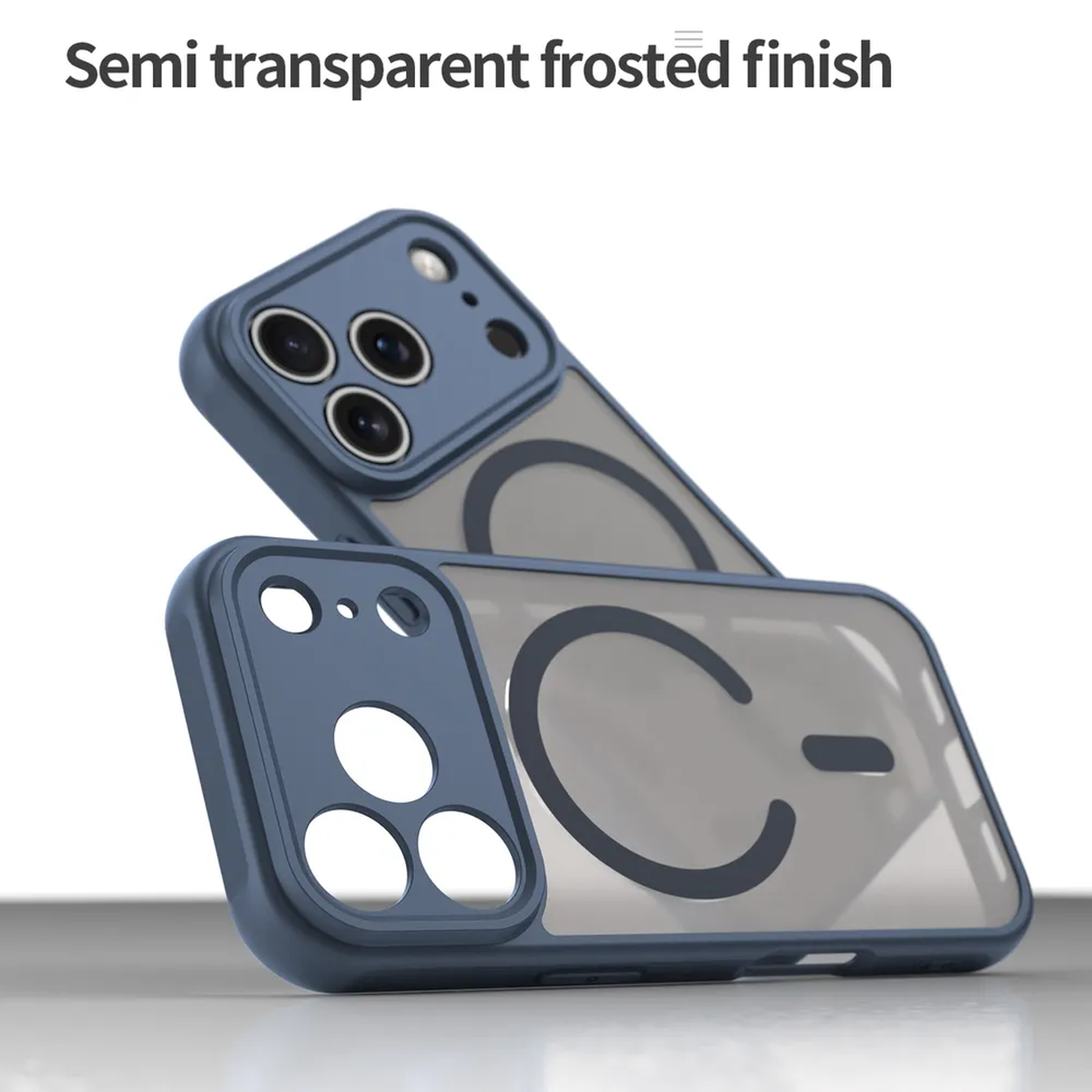 Twee blauwe telefoonhoesjes met een semi-transparante matte afwerking zijn op elkaar gestapeld. De hoesjes hebben camera-uitsparingen en een C-vorm aan de achterkant.