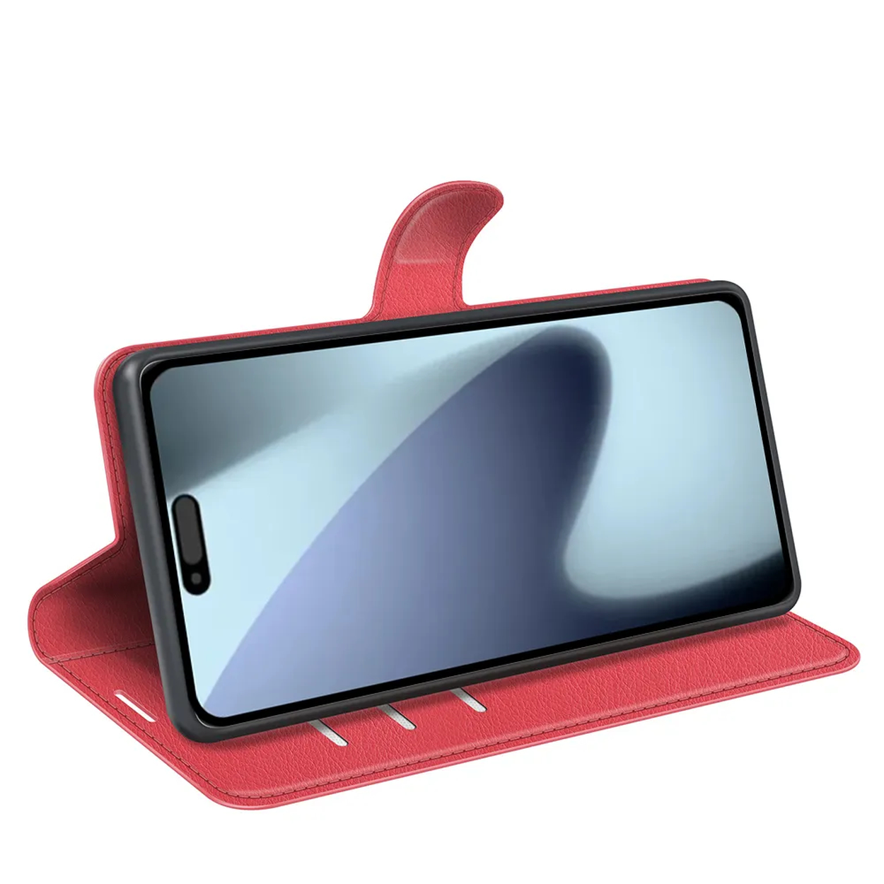 Een rode telefoonhoes is open en houdt een smartphone vast. Het scherm toont een lichtblauwe gradiënt. De hoes heeft een magnetische sluiting.