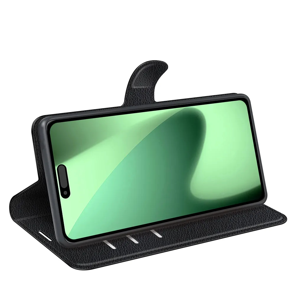 Een zwarte telefoonhoes met een telefoon erin, de telefoon heeft een groen scherm. De hoes is open en heeft een leertextuur.