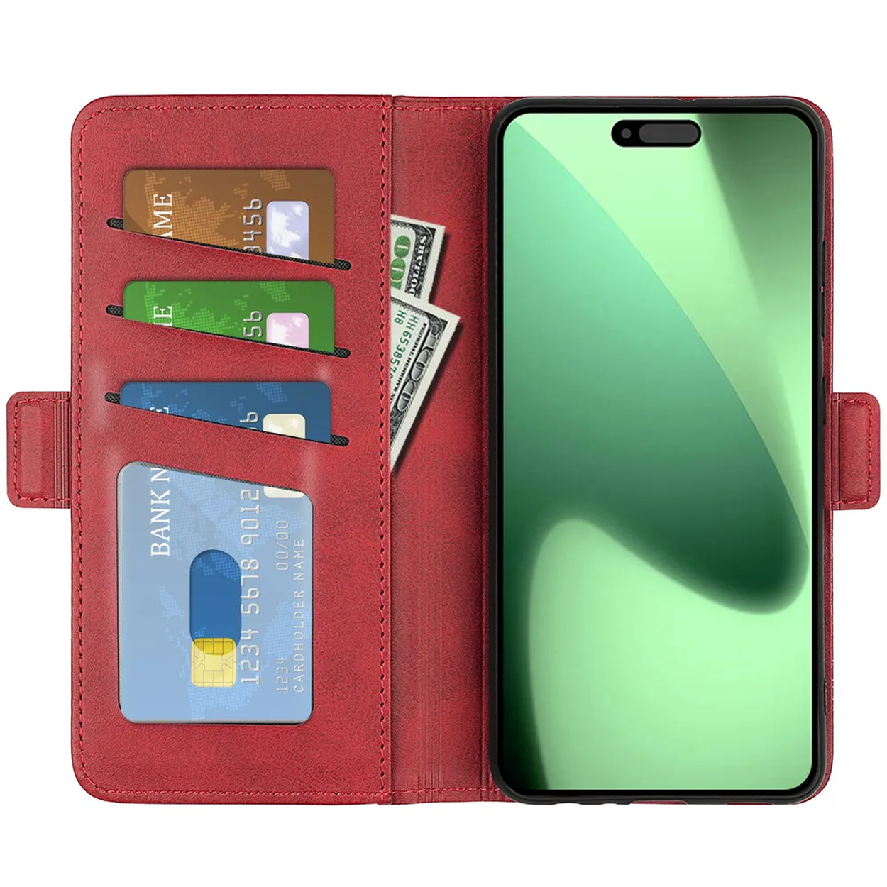 Rode telefoonhoes met telefoon, kaarten en contant geld. Het telefoonscherm is groen. Kaarten zijn goud, groen en blauw.