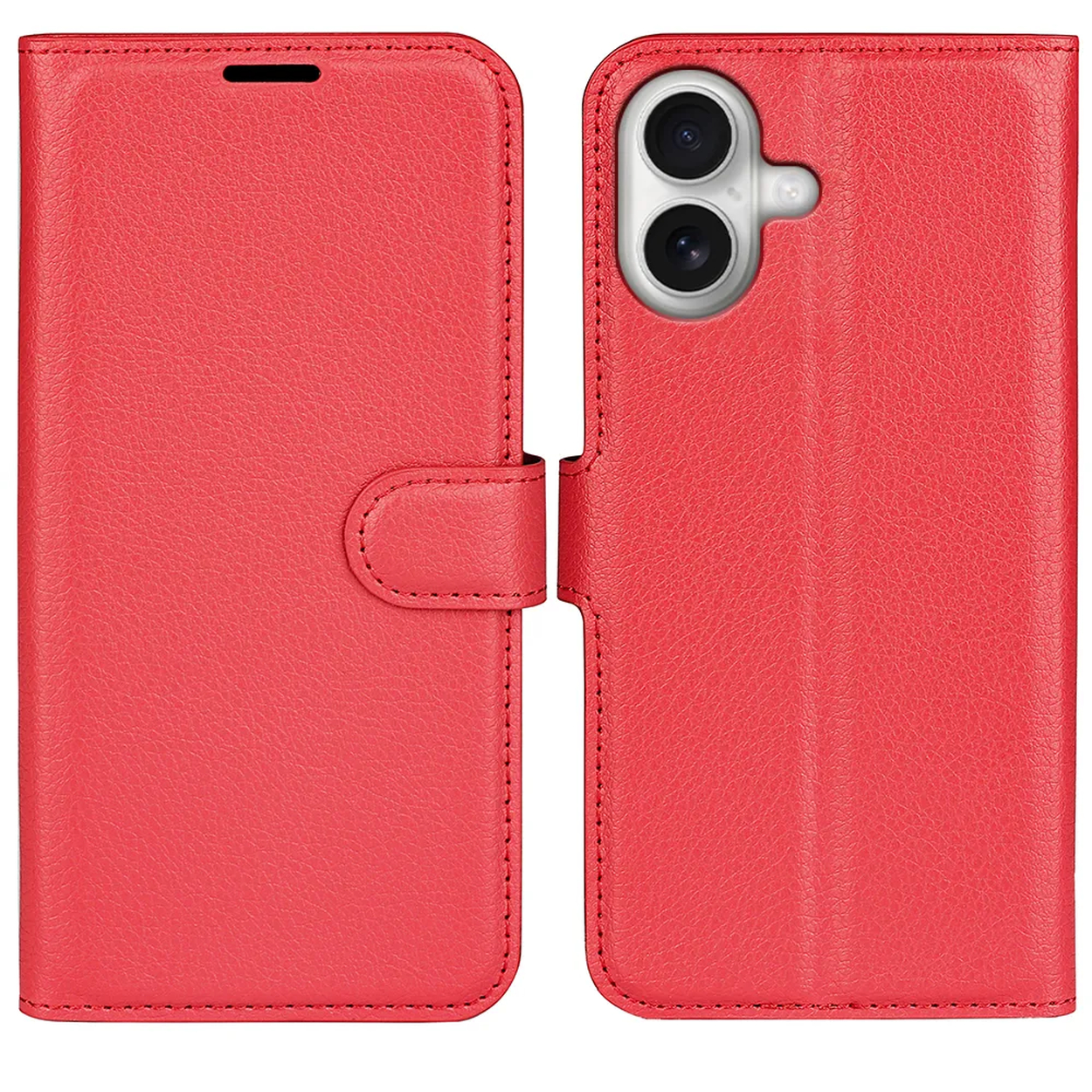 Een rode leren telefoonhoes, open, met telefoonhouder en camera, flap met magneetsluiting.