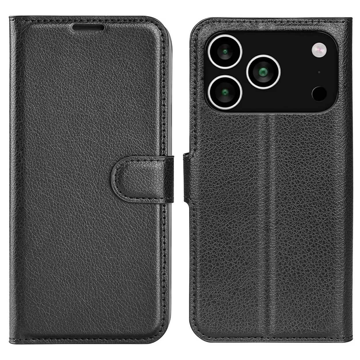 Zwarte leren telefoonhoes, open om de telefoon te laten zien. De hoes heeft een flap en een knoopsluiting, en de telefoon heeft drie camera's.