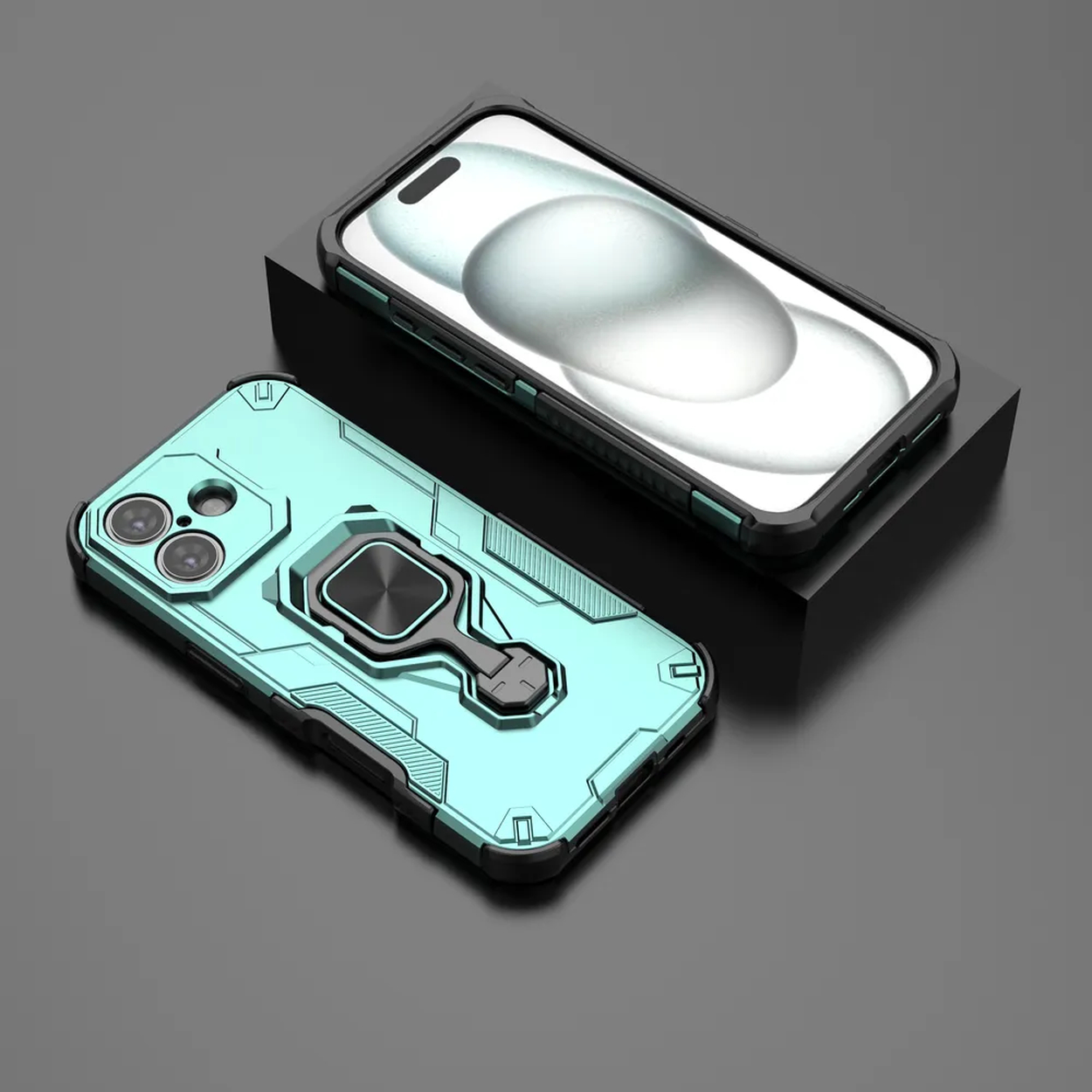 Deux coques de téléphone turquoise avec des accents noirs sont présentées sur une surface gris foncé. Une coque est droite, l'autre est couchée.