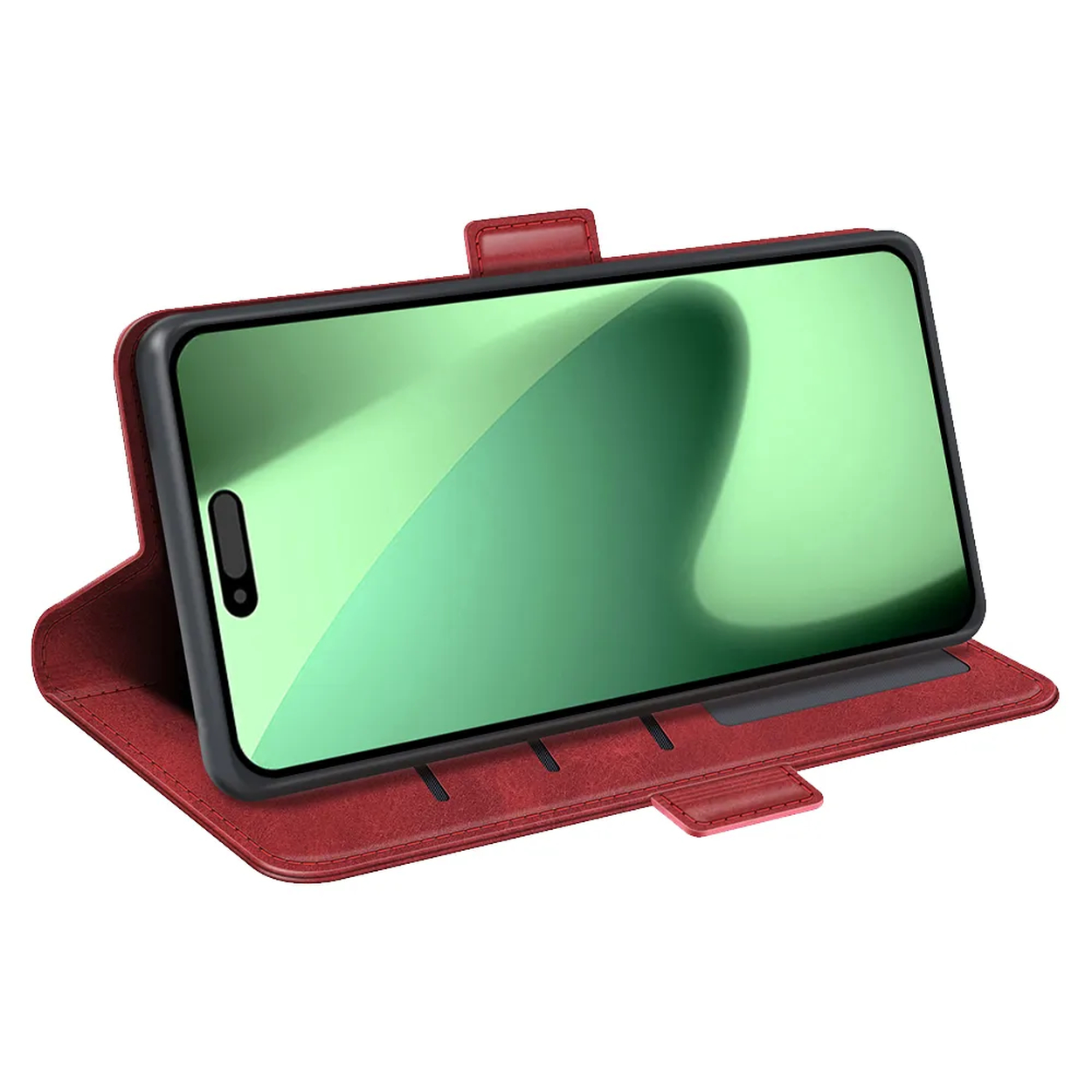 Een rode telefoonhoes houdt een telefoon met een groen scherm vast. De hoes is open en toont de telefoon rechtop. Een sluiting zet de hoes vast.