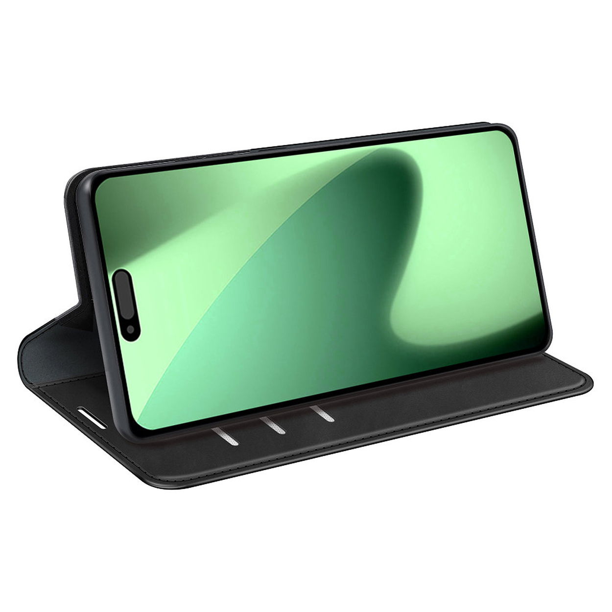 Een zwarte telefoonhoes met een groen scherm. De telefoon is open en toont een groene gradiënt. De hoes heeft witte lijnen.