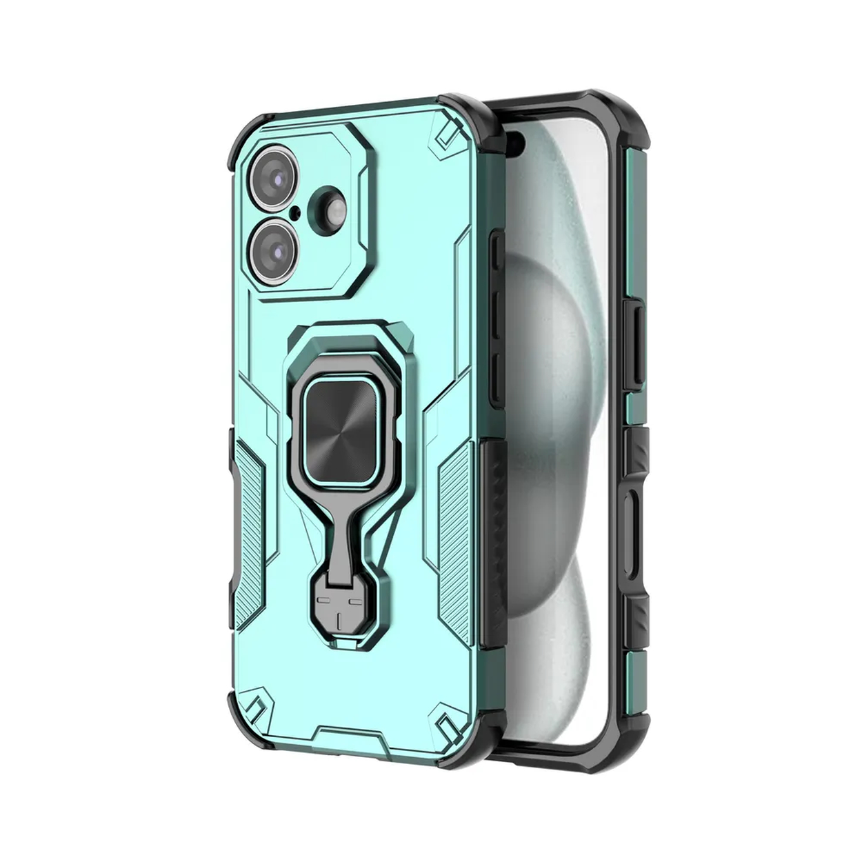 Une coque de téléphone turquoise et noire avec un support de bague. L'appareil photo et l'écran du téléphone sont visibles.