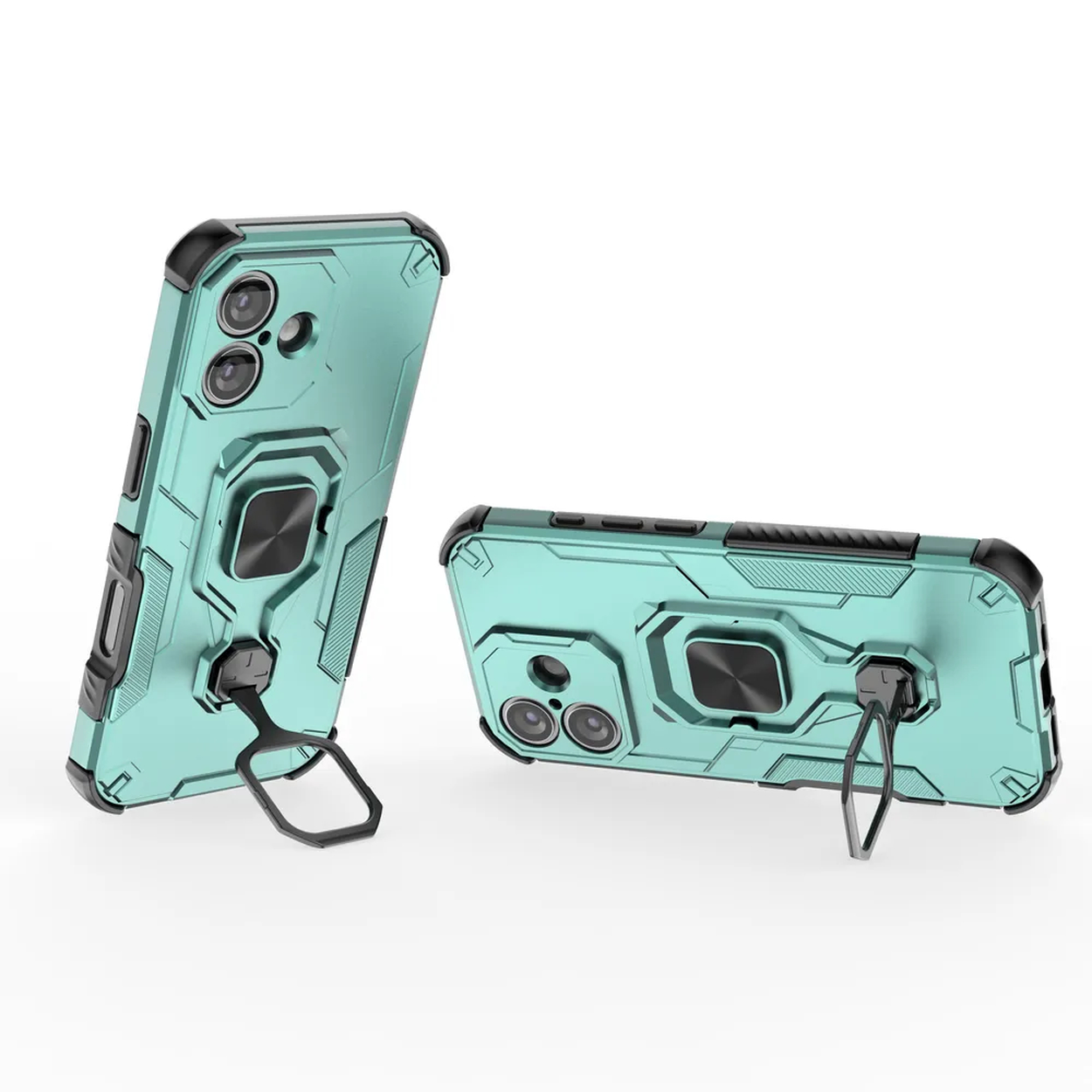 Deux étuis de téléphone bleu-vert avec des accents noirs, avec des supports en anneau. L'un est debout, l'autre est plat.