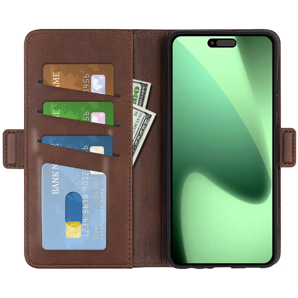 Bruine leren telefoonhoes open, met een telefoon, creditcards en geld. Kaarten hebben nummers en namen. Telefoon heeft een groen scherm.