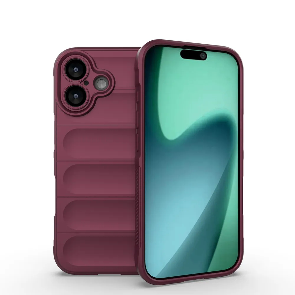 Bordeaux telefoonhoesje met een telefoon. De case heeft een geribbelde textuur en drie cameralenzen. Het telefoonscherm toont een groen en blauw design.