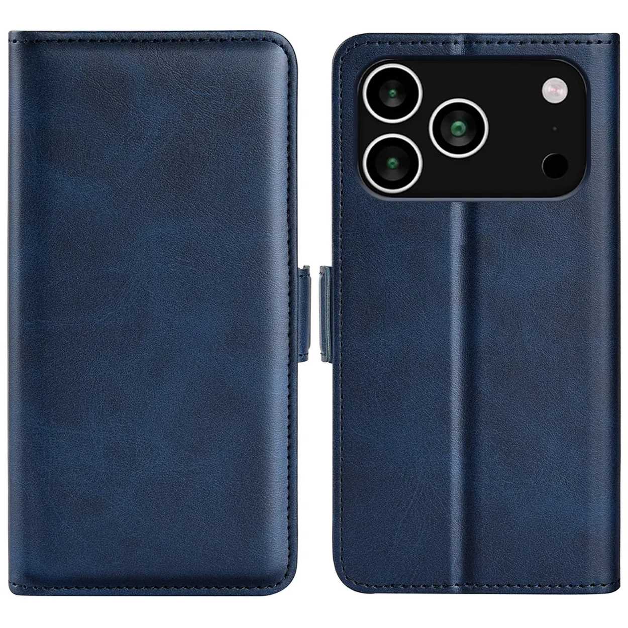 Un étui de téléphone en cuir bleu en deux parties : une section portefeuille et un support de téléphone avec découpes pour l'appareil photo, reliés par un fermoir.