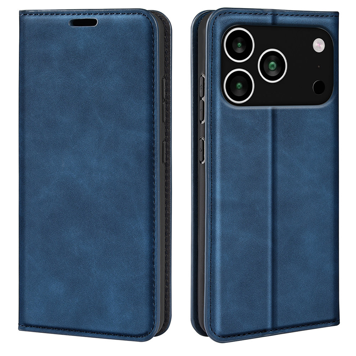 Een blauwe lederen telefoonhoes, open en dicht, met camera-uitsparingen aan de open kant. De hoes heeft een magnetische sluiting.
