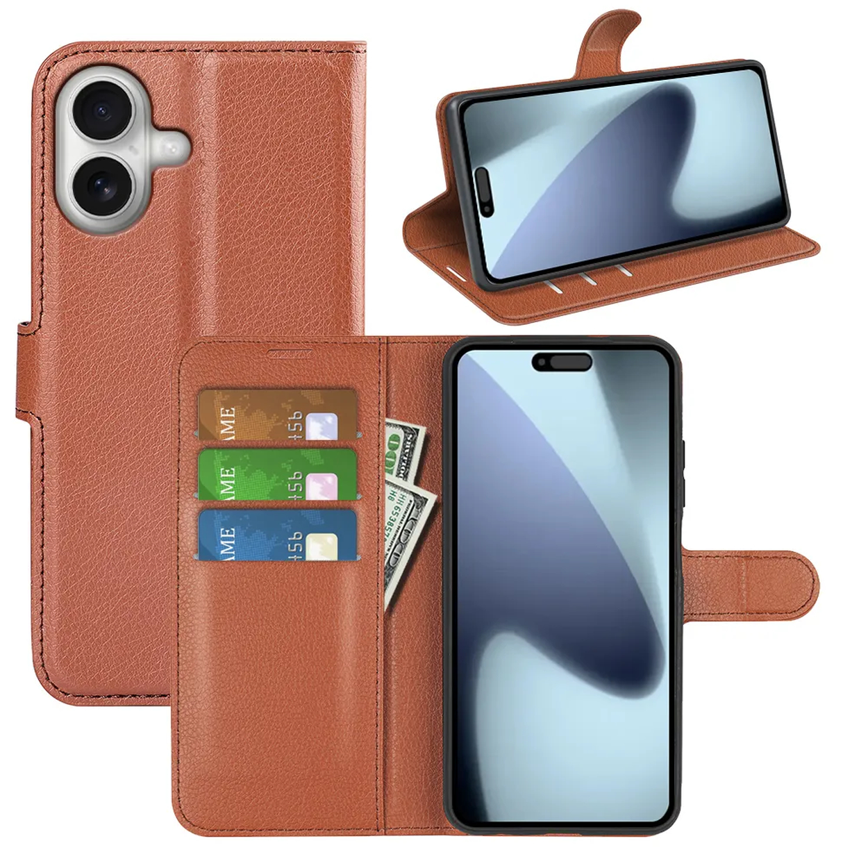 Bruine leren telefoonhoes met een telefoon erin. Het heeft kaartsleuven en een geldbuidel. Er worden twee telefoons getoond.