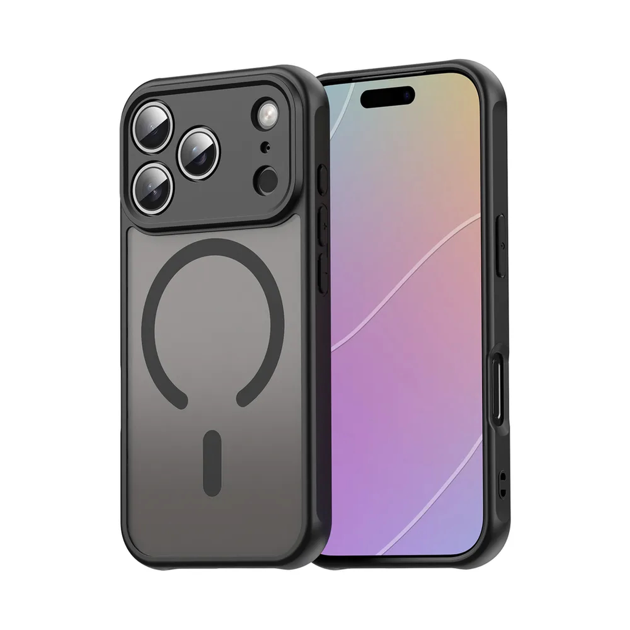 Een zwarte telefoonhoes met een gedeeltelijk transparante achterkant. De achterkant heeft een magnetisch ontwerp. De telefoon toont een gradiëntweergave.