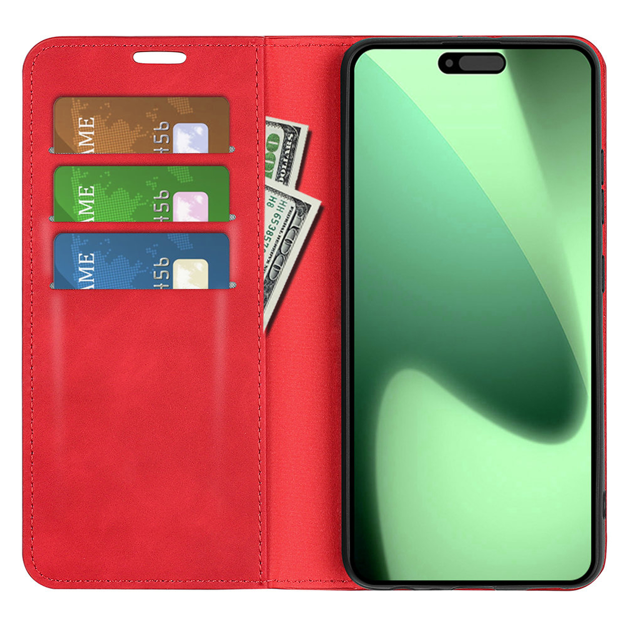 Rode telefoonhoes met een telefoon erin. Drie creditcards en een honderd dollar biljet zijn ook zichtbaar in de hoes.